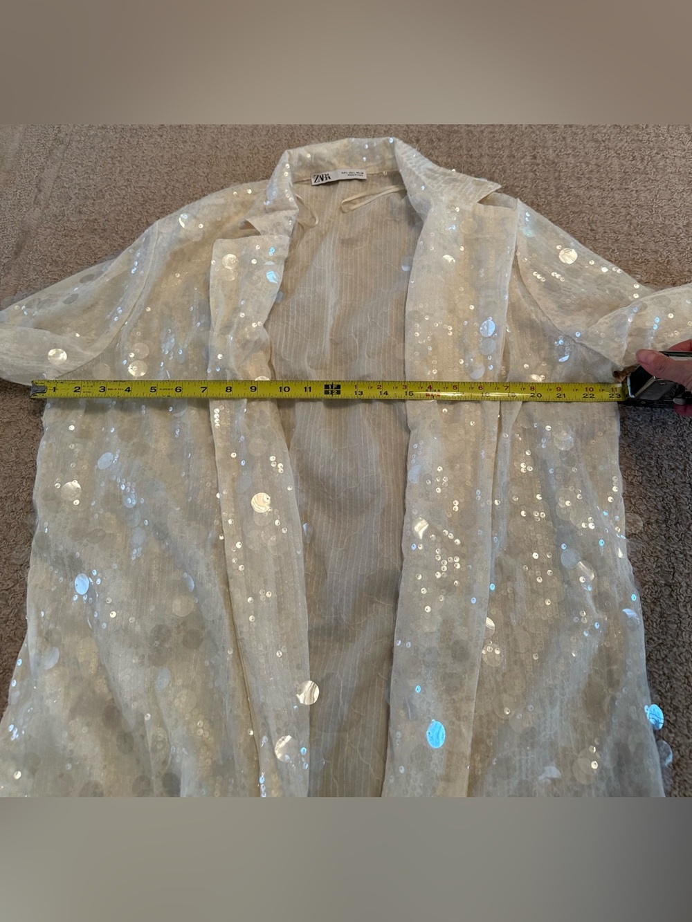 Zara Sheer Sequin Blazer Jacket Ivory Iridescent Open Front Party Size L Large - Picture 2 of 7